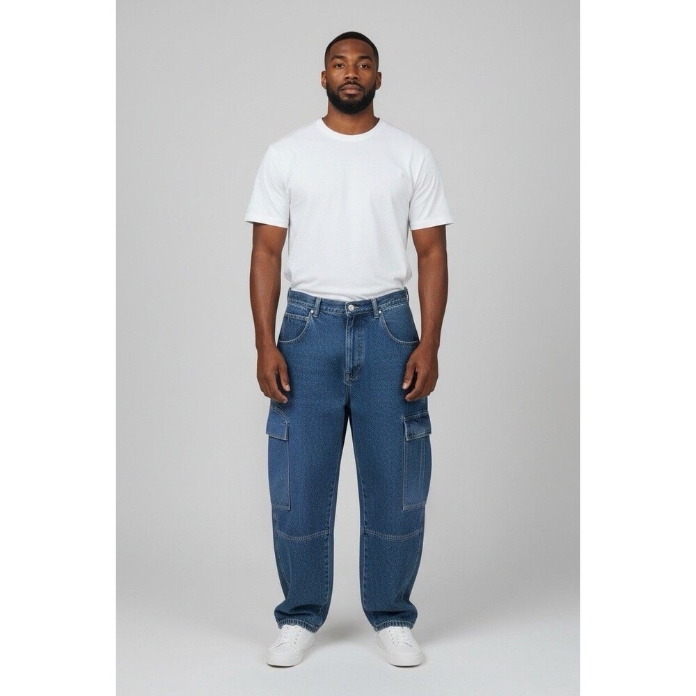 Vintage FUBU men’s 36x34 baggy cargo jeans in a classic blue denim wash Street
